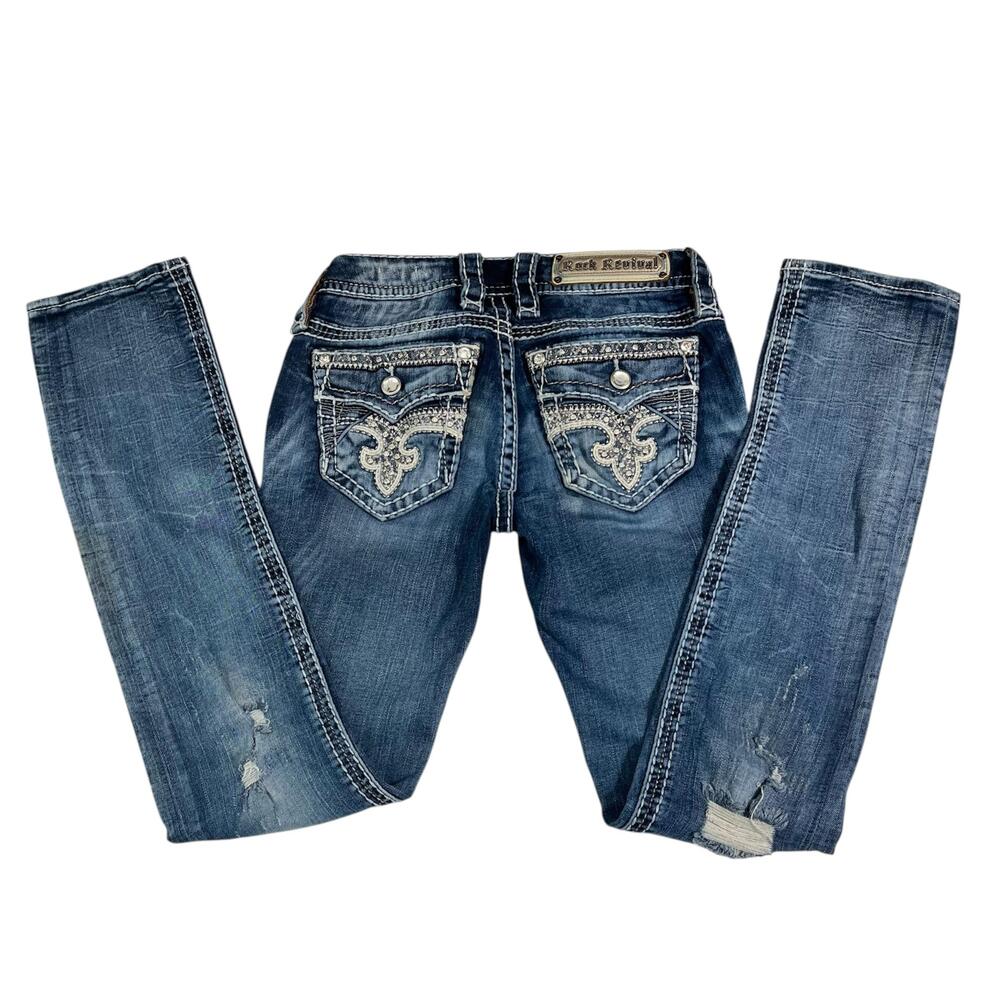 Rock Revival Jeans Womens 26 Blue Glade Straight Distressed Bling Embellished